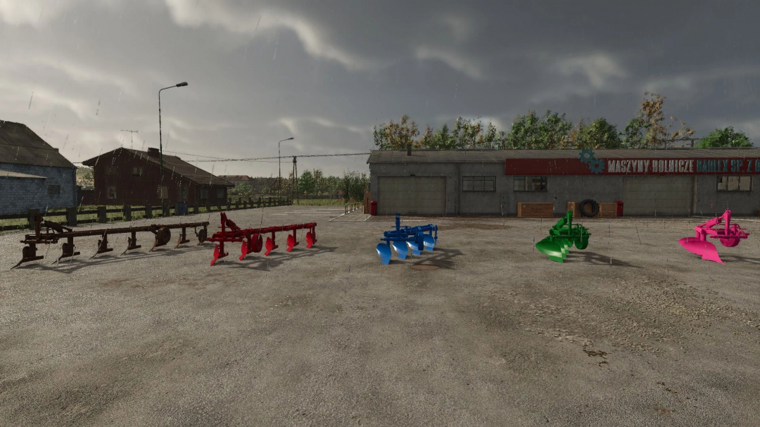 Colorful plows in Farming Simulator 25 Polish Plows Pack mod displayed in a farm setting. FS25 mods enhance gameplay.