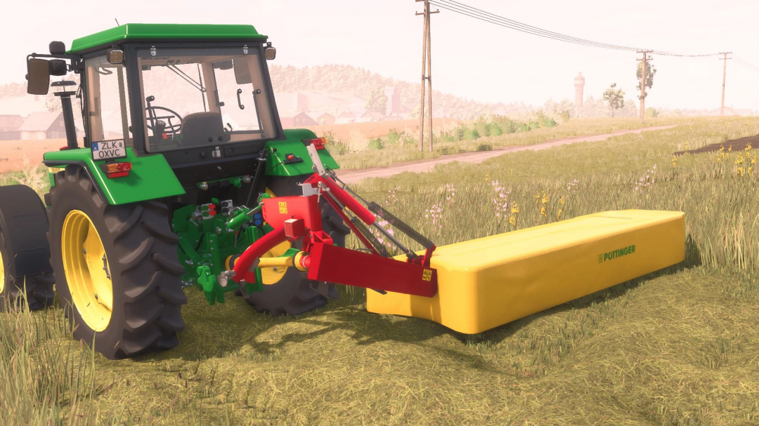 FS25 mod showing Pöttinger NOVADISC 350 mower attached to a tractor in a field.