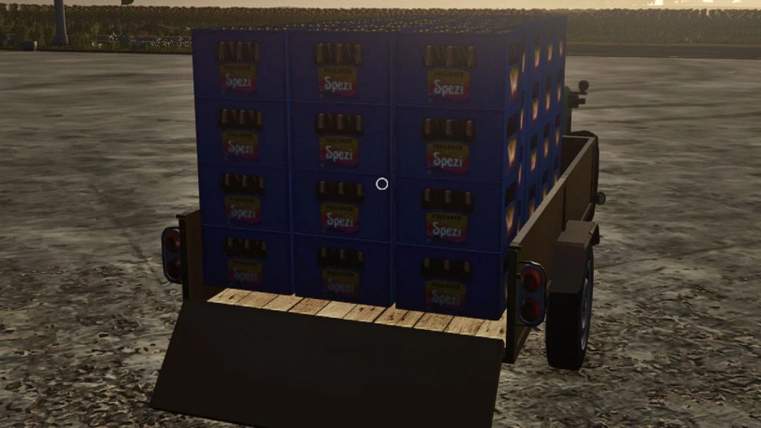 FS25 Rapid Special 12hp Speci mod showcasing crates of Spezi on a trailer.