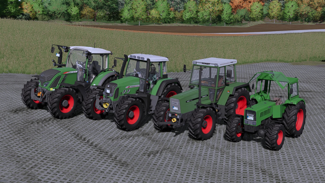 Four Fendt tractors on a paved surface in FS25 with Realistic Sound Pack mod.