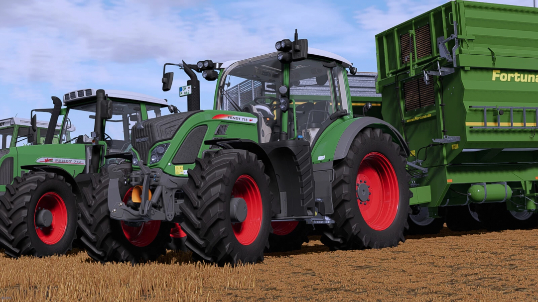 FS25 mods: Fendt tractor with realistic sound, Fortuna trailer in farm setting.