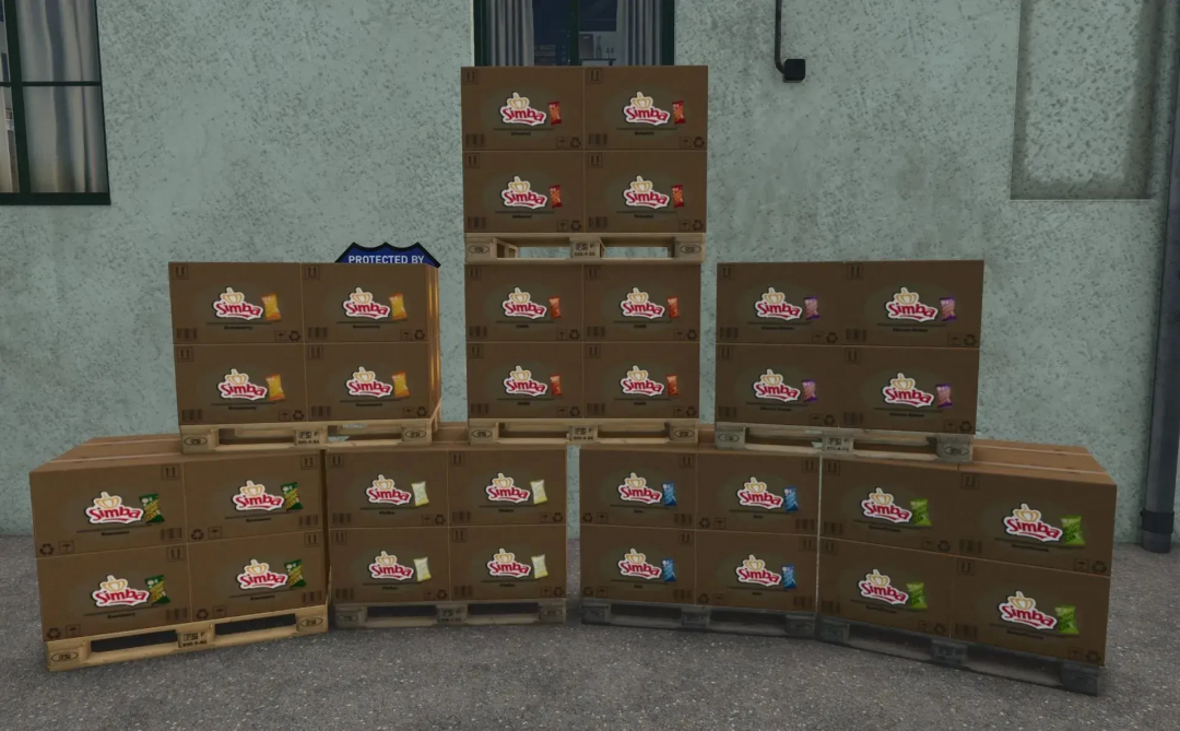 FS25 mods Reis Chips Factory v1.0.0.0 showing stacked boxes of Simba chips.