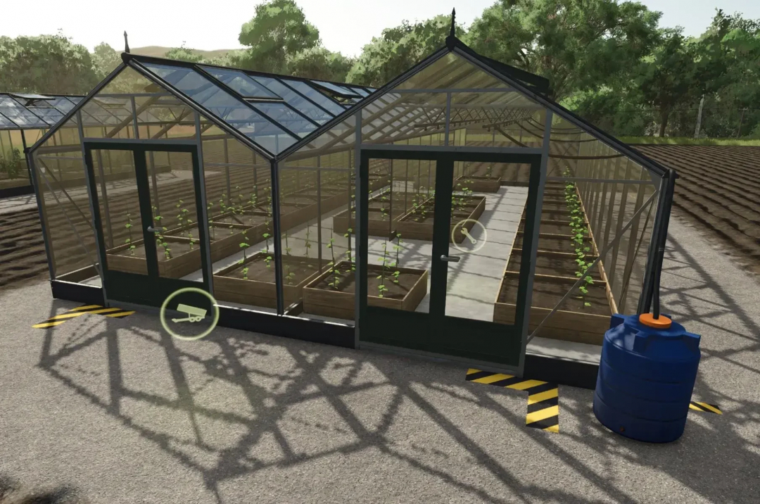 FS25 mods: Greenhouse with plants in Farming Simulator 25, featuring the Reis Chips Factory mod.