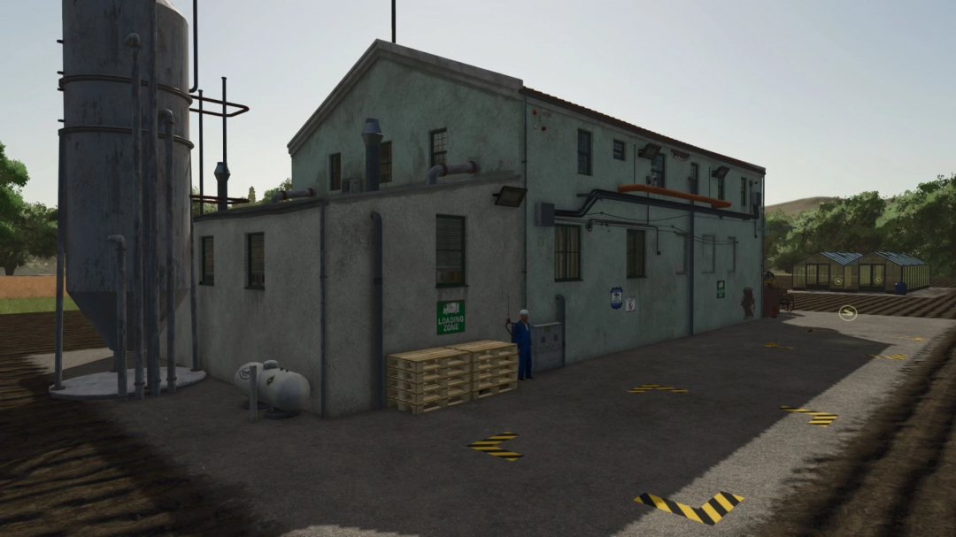 FS25 mod Reis Chips Factory v1.0.0.0, industrial building with loading zone, silo, and greenhouses in Farming Simulator 25.