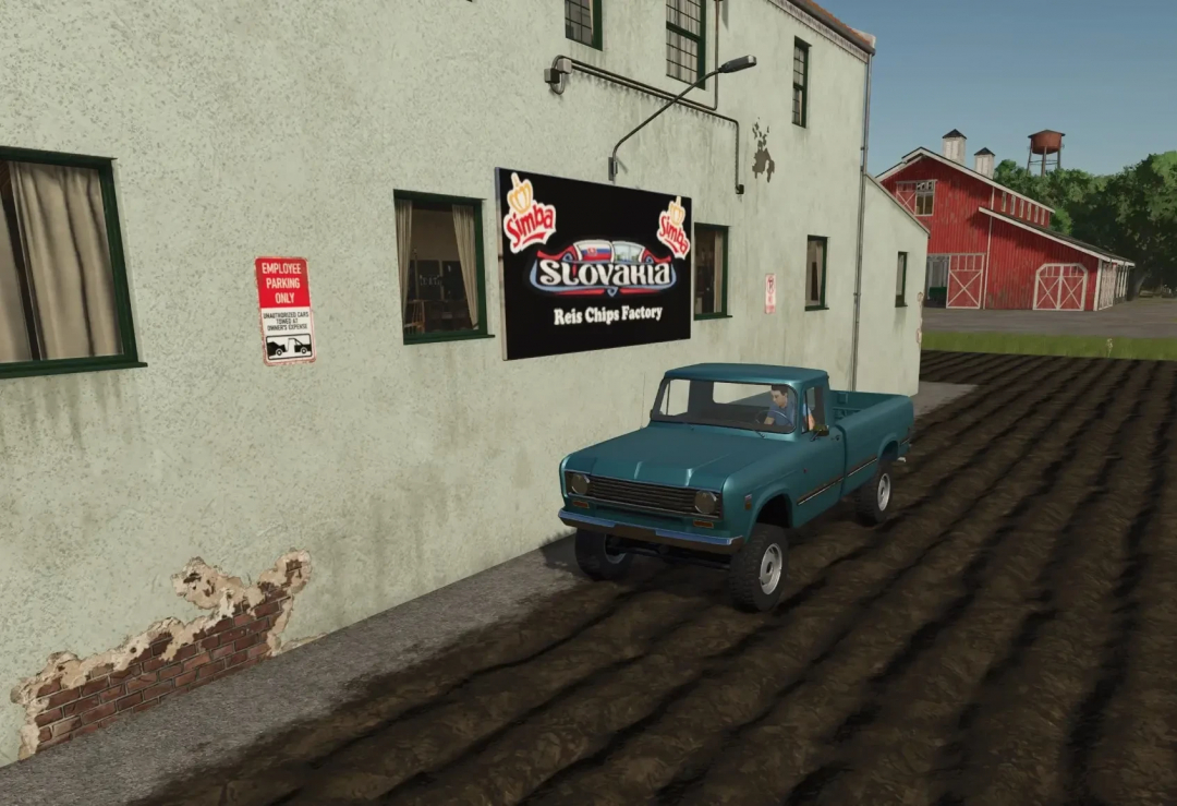 FS25 mod showing a Slovakia Reis Chips Factory with a blue pickup truck parked outside.