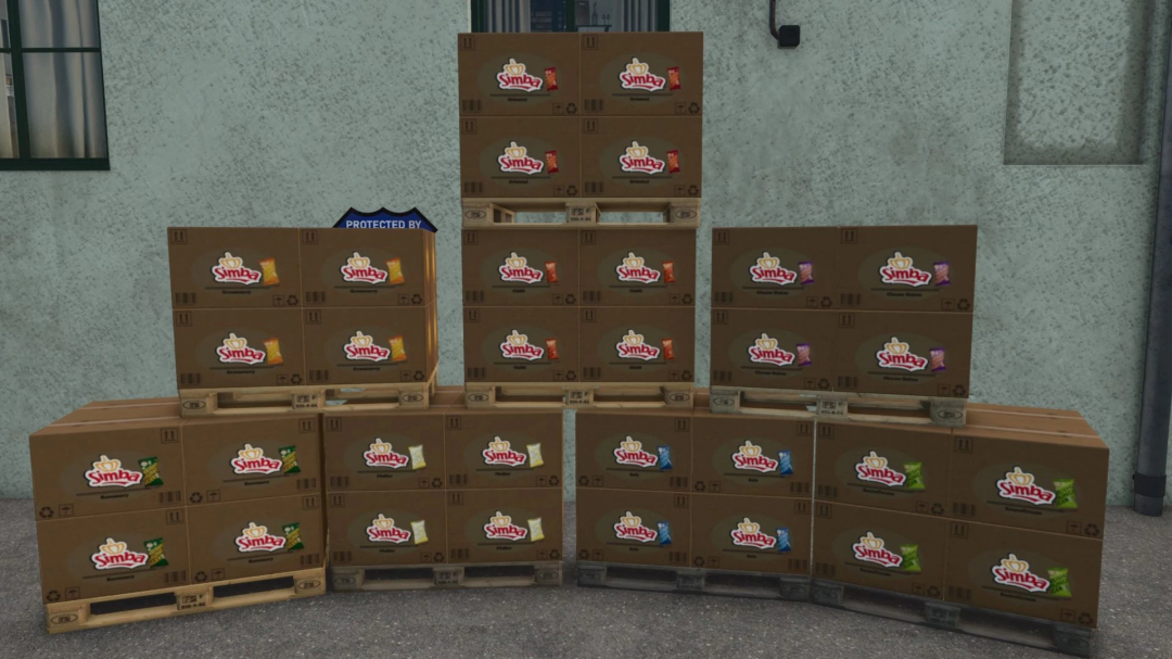 FS25 mod Reis Chips Factory v1.0.0.1 showing stacks of Simba chip boxes on pallets against a wall.