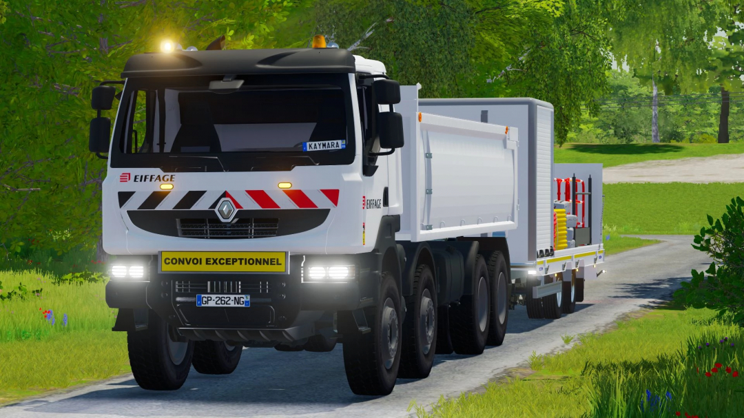 FS22 mod Renault Kerax Ampiroll v1.1.0.0 truck with trailer on a rural road in Farming Simulator 22.