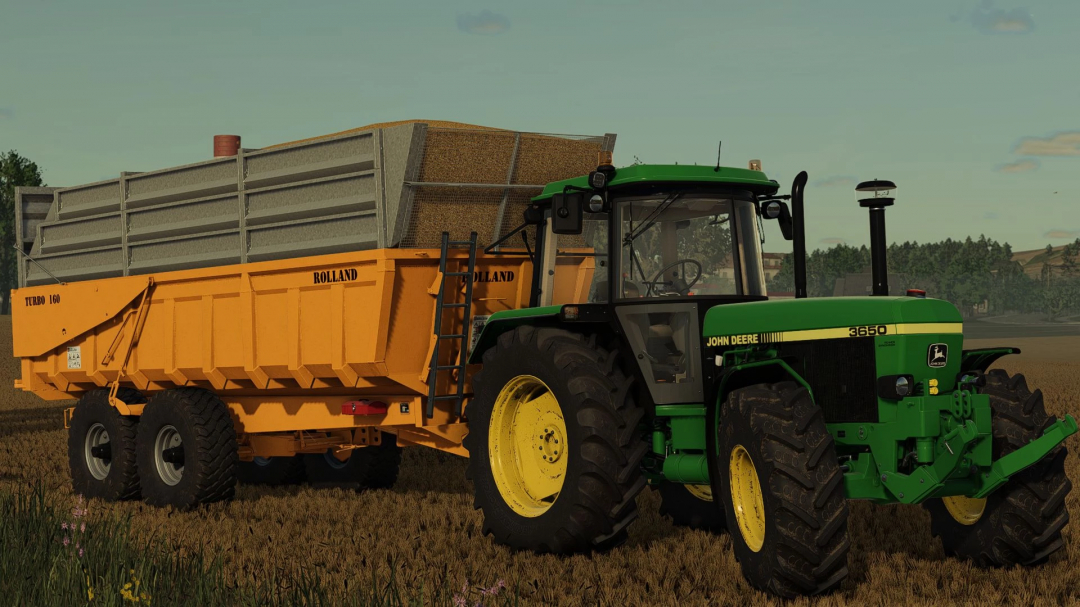 FS25 mod featuring a green John Deere tractor with attached Rolland Turbo 160 trailer on a field.