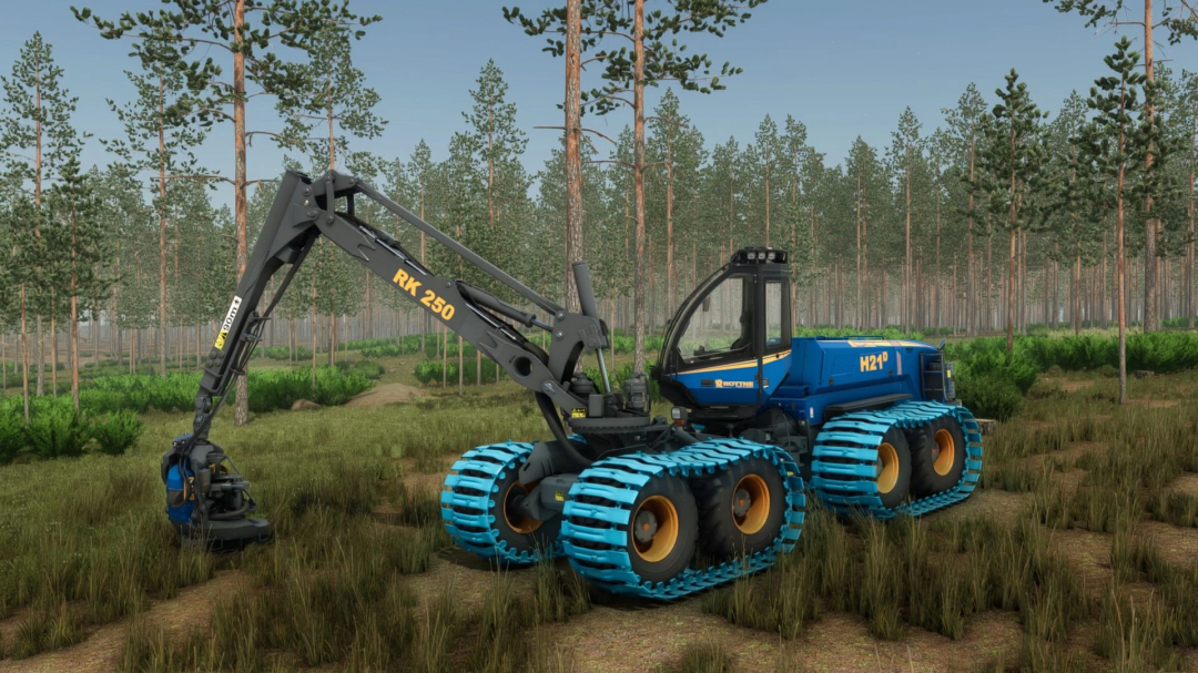 FS25 mod Rottne H21D v1.1.0.0 in a forest setting, showcasing detailed machinery design.