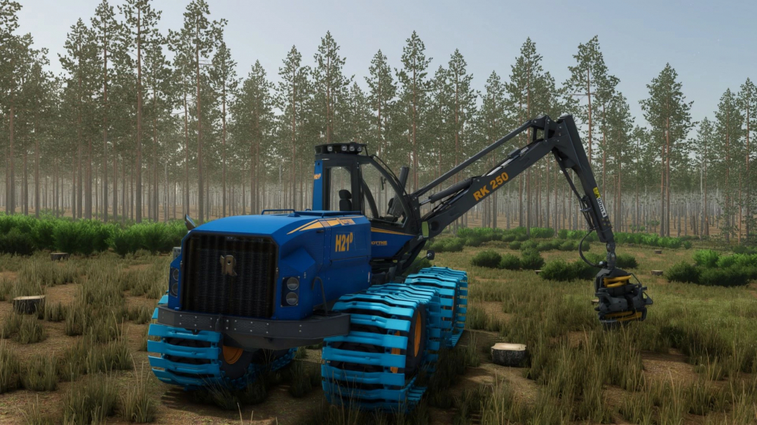 Rottne H21D v1.1.0.0 forestry machine mod in FS25, blue and yellow, operating in a lush forest setting.