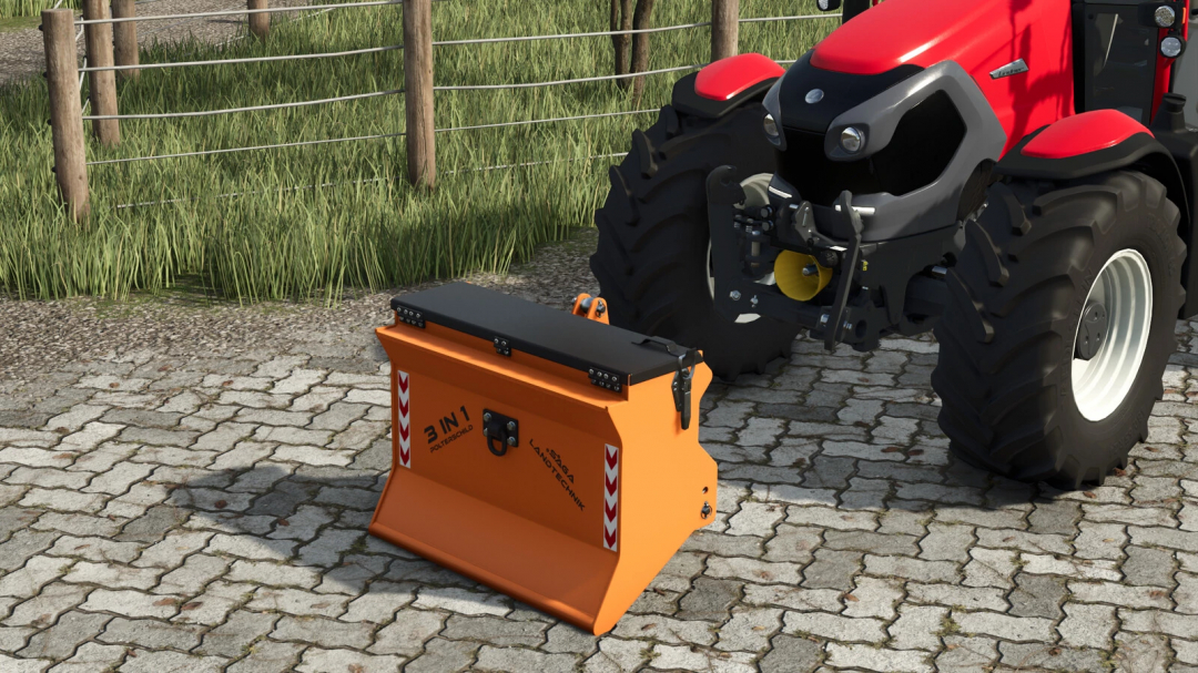 FS25 Saga Log Shield v1.0.0.0 mod showing an orange tractor attachment on a paved area.