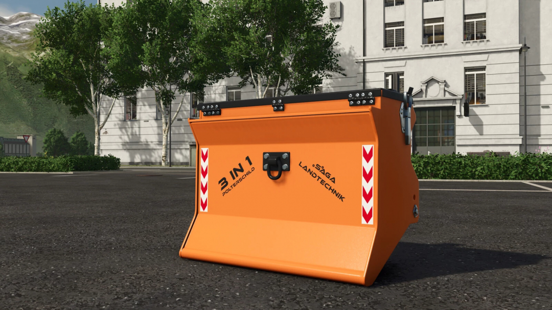 Saga Log Shield v1.0.0.0 mod for FS25, features an orange 3-in-1 log shield in front of a building.