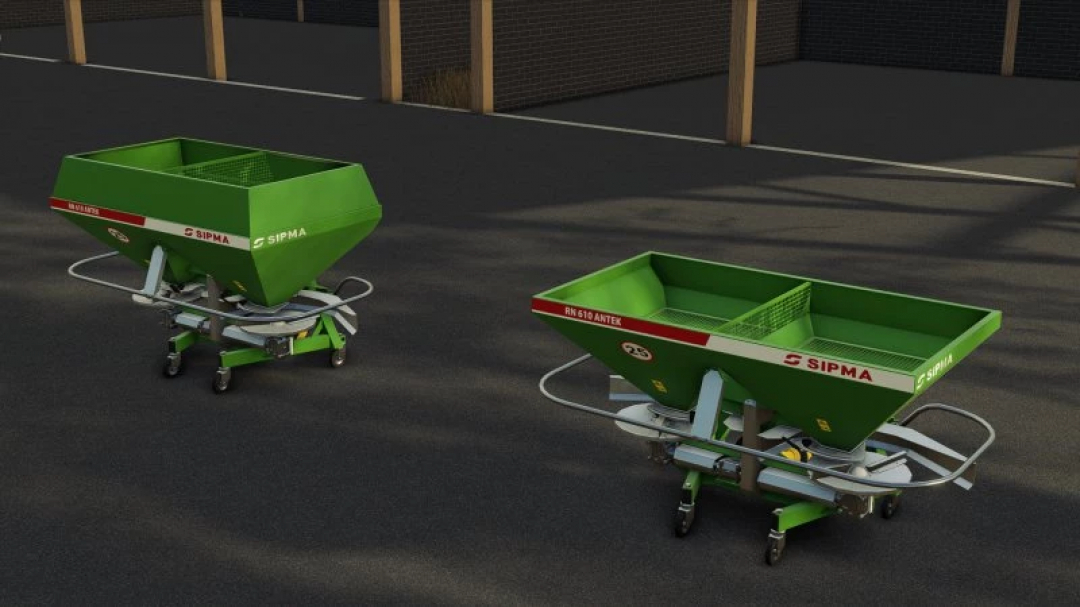 Sipma RN610 v1.0.0.0 mod for Farming Simulator 25, featuring two green machines on an asphalt lot. FS25 mods.