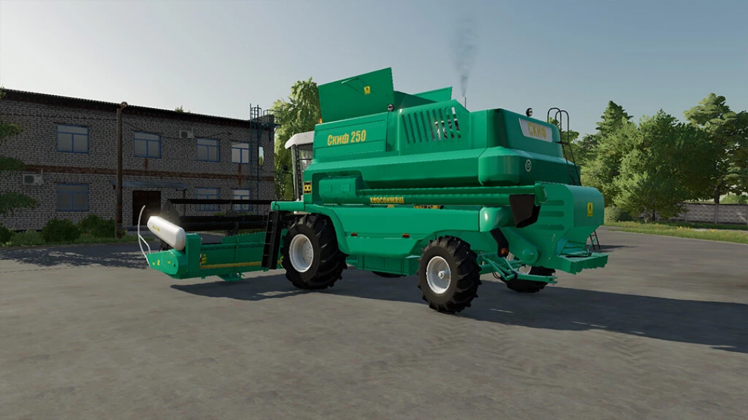 FS22 mod Skif KZS-9-2 harvester in Farming Simulator 22, parked near a building.