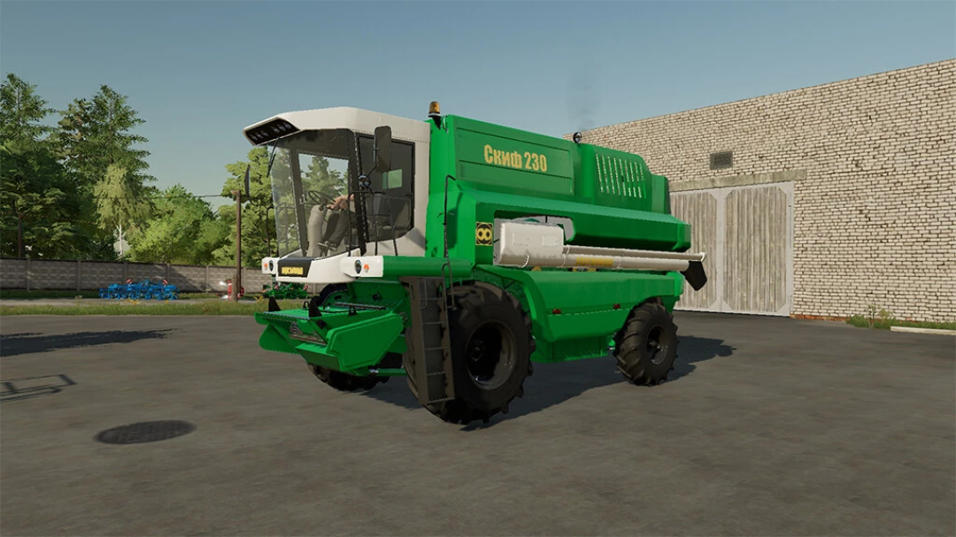 FS22 mod Skif KZS-9-2 v1.0.0.0 in Farming Simulator 22, featuring a green combine harvester parked near a brick wall.