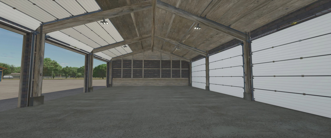 Interior view of Slime Ball's Shed Pack for FS25 mods, featuring a rustic wooden structure and large doors.