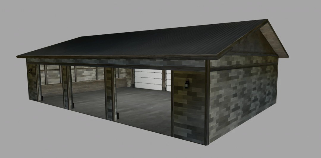 FS25 mod Slime Ball's Shed Pack v1.0.0.0 featuring a realistic barn with open entrances and a metal roof.