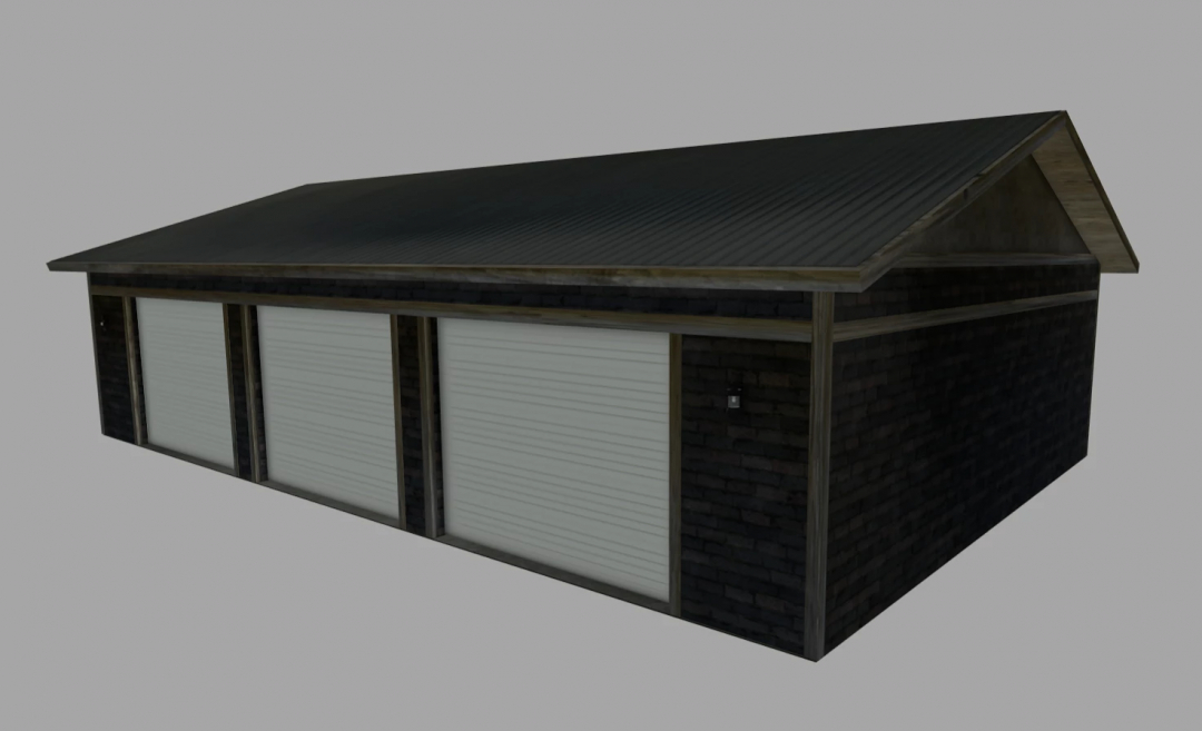 FS25 mod Slime Ball's Shed Pack v1.0.0.0 features a dark wood shed with three white garage doors.