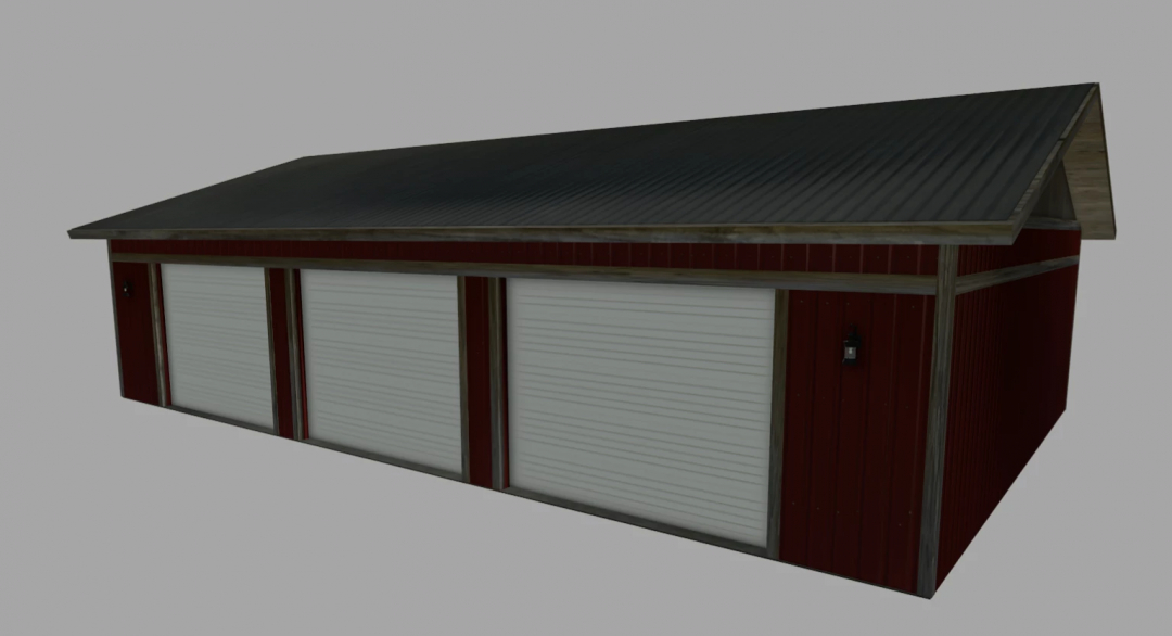 FS25 mod Slime Ball's Shed Pack v1.0.0.0, featuring a large red and white shed with a dark roof.