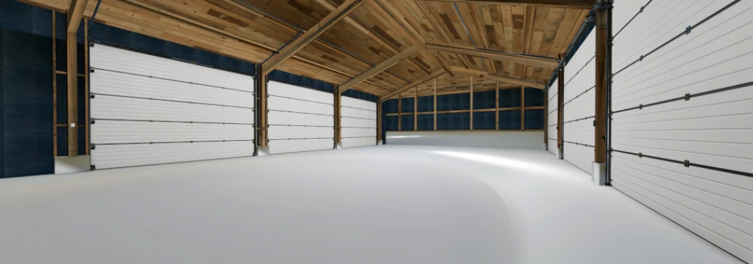 Interior view of Slime Ball's Shed Pack in FS25, featuring spacious design with wooden beams and large garage doors.