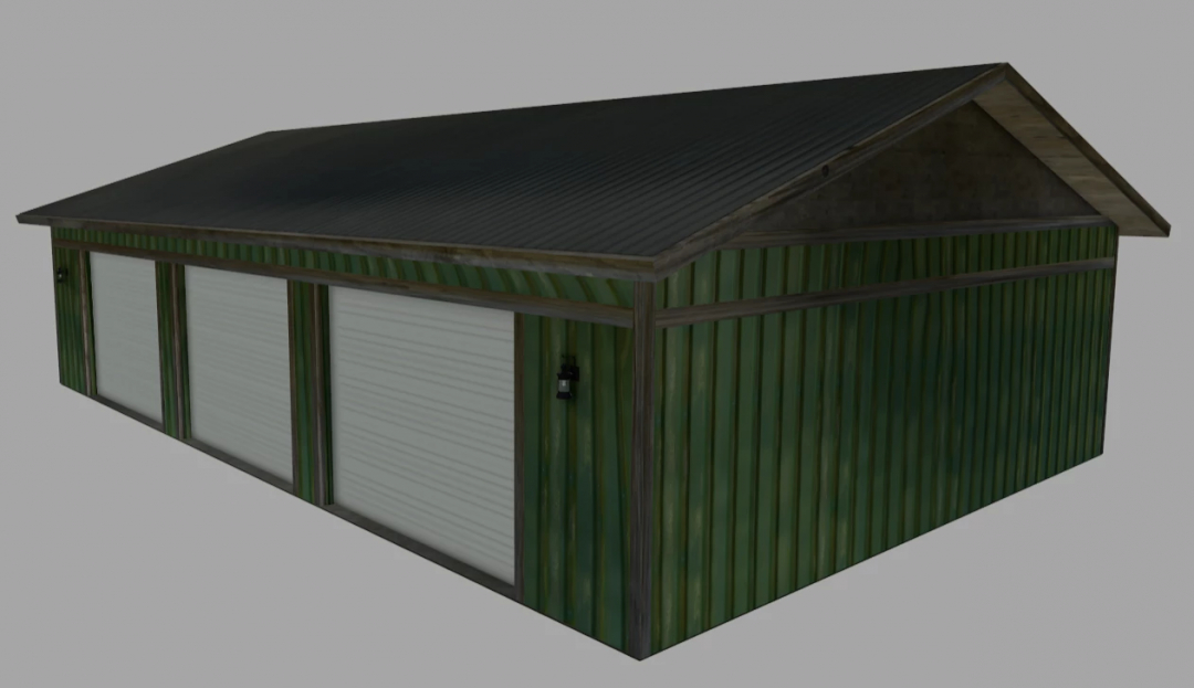 Green storage shed mod in FS25, part of Slime Ball's Shed Pack v1.0.0.0.