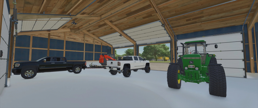 FS25 Slime Ball's Shed Pack v1.0.0.0 featuring vehicles inside a wooden shed.