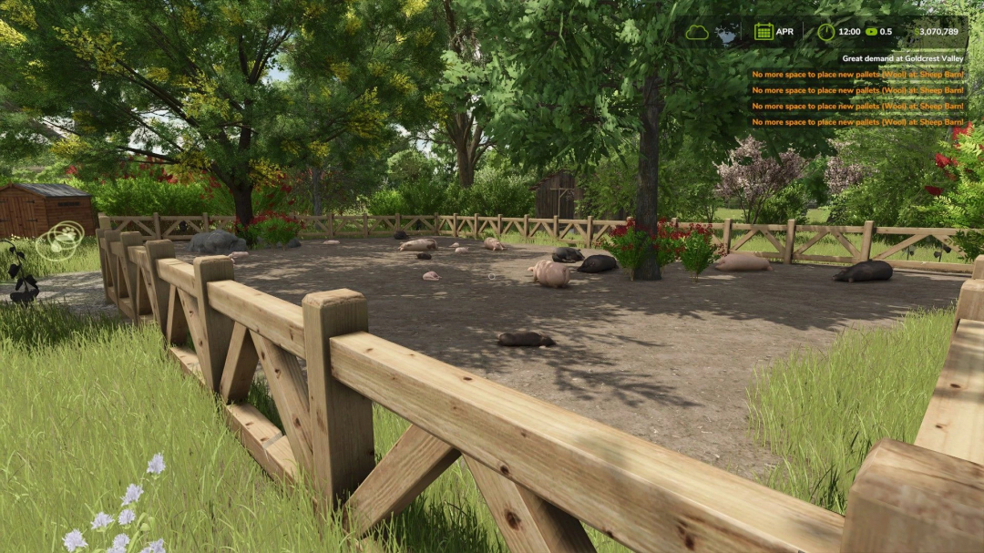 Small pig pasture with wooden fence in FS25 mod featuring autowater system.