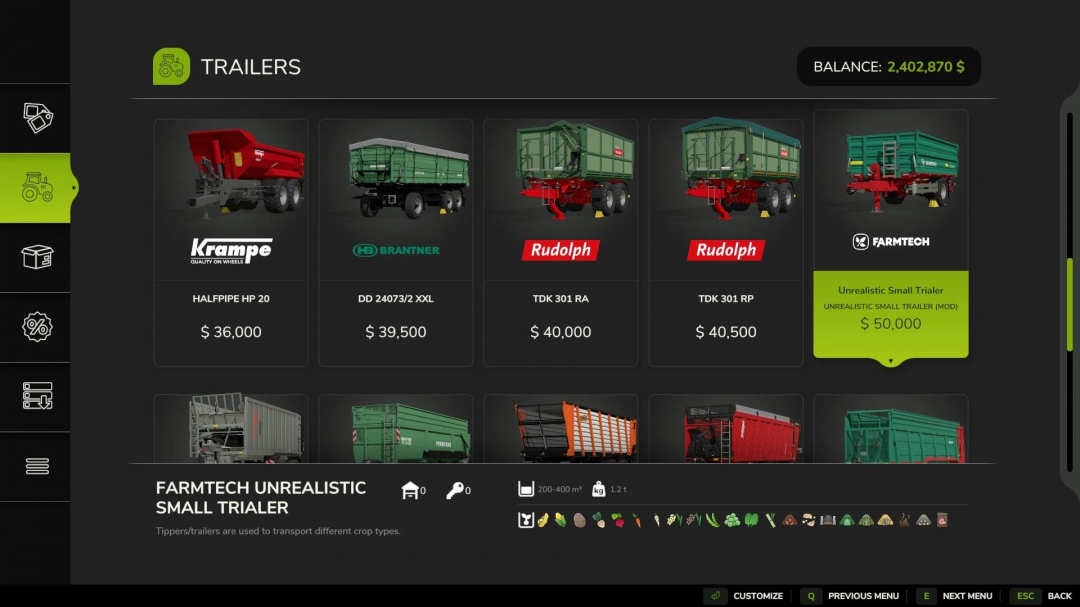 FS25 trailer menu displaying the Small Unrealistic Agricultural Trailer mod priced at $50,000.