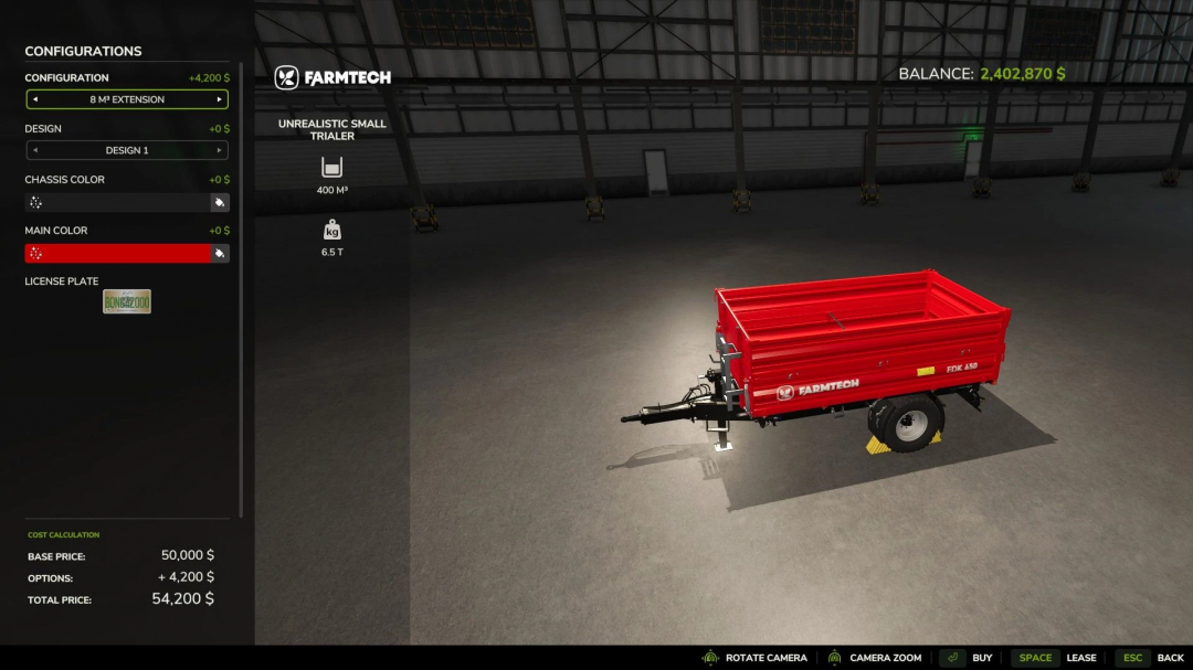 FS25 mod: Small Unrealistic Agricultural Trailer in customization menu.