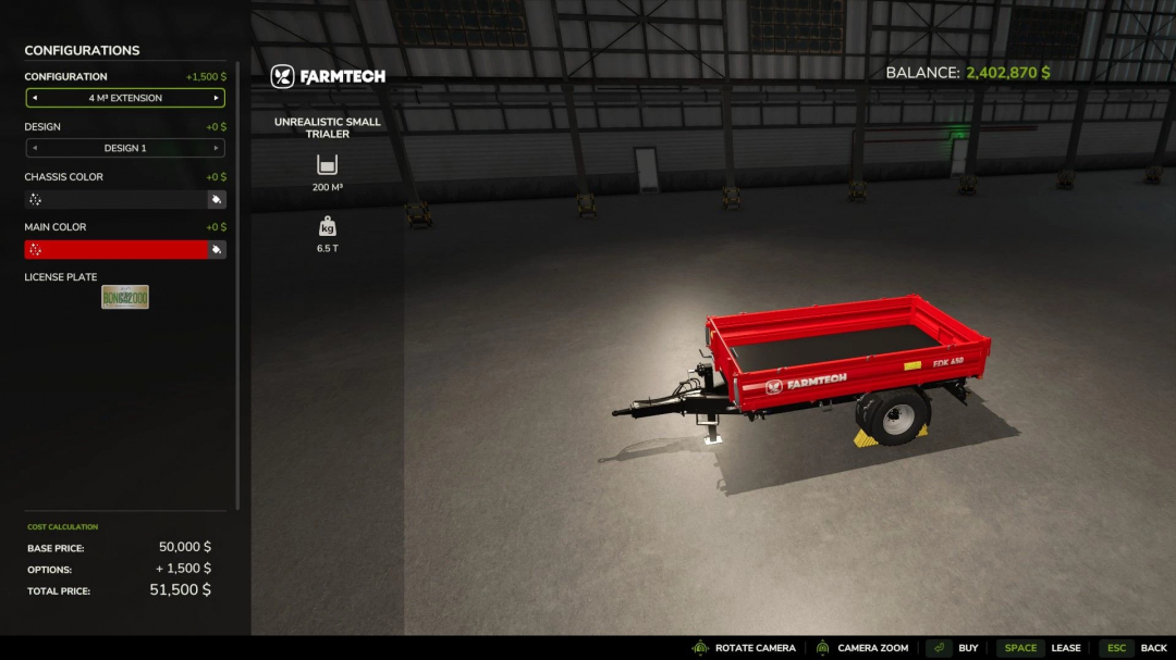 FS25 mod: Small Unrealistic Agricultural Trailer v1.2.0.0 in customization menu.