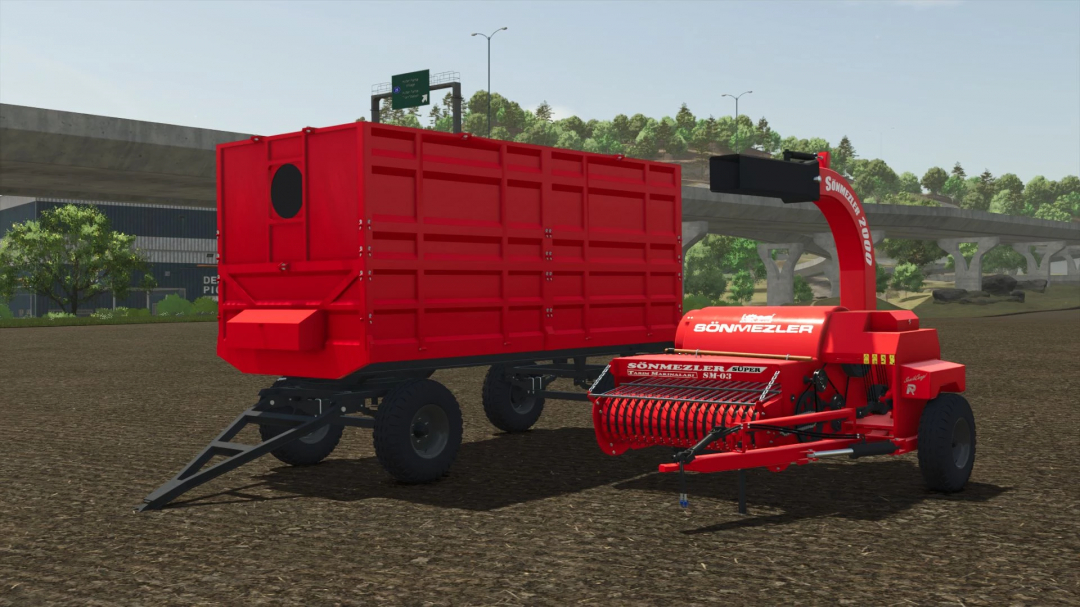 FS25 mod Sonmezler 2000 Haymaker v1.0.0.0 showing a red hay collecting machine with trailer.