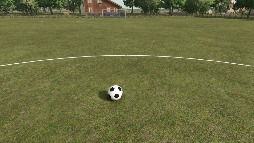 FS25 mod Speed Of Light v1.0.0.0, soccer ball on a grassy field with a goalpost and trees