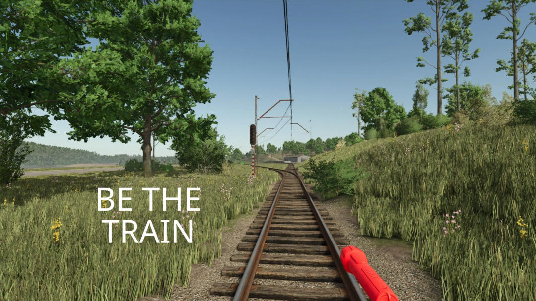 FS25 mod Speed Of Light v1.0.0.0 image showing a railway track through a lush green landscape with trees and wildflowers.