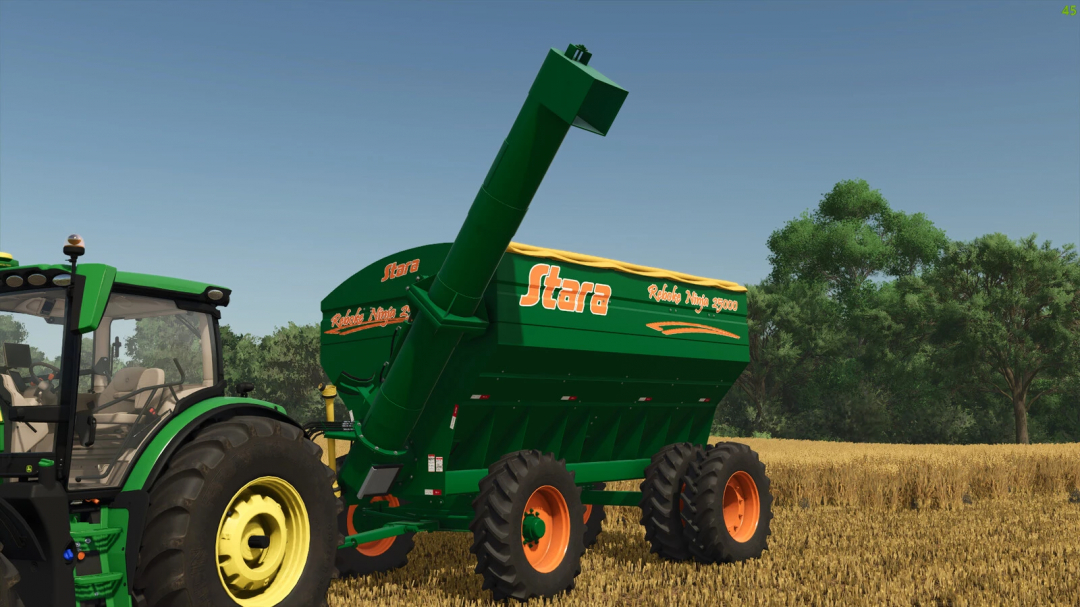 Stara Reboke 25000 trailer attached to tractor in FS25 mod, Farming Simulator 25 game scene.