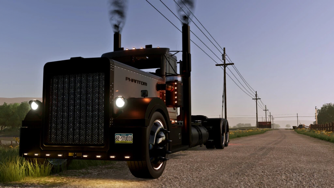 TLX Phantom Series truck mod in FS22, showcased on a rural road with smoke from exhausts.