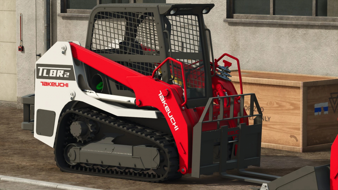 Takeuchi TL8R2 v1.0.0.0 mod for FS25 showcasing a compact tracked loader parked on a concrete surface.