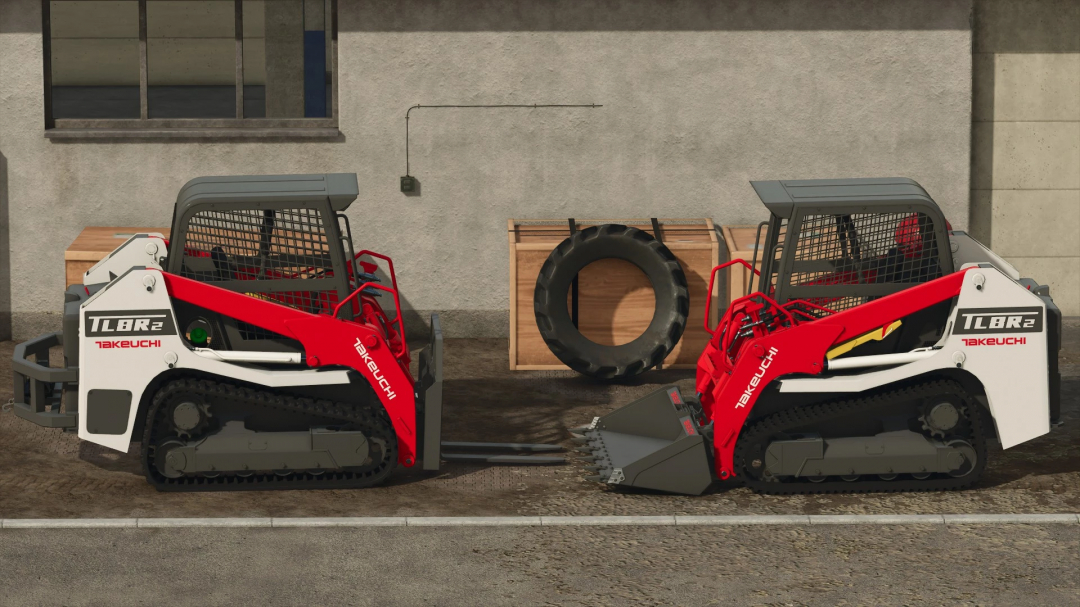 Two Takeuchi TL8R2 loaders in Farming Simulator 25 mod. The loaders are red with metal tracks, parked against a concrete wall.