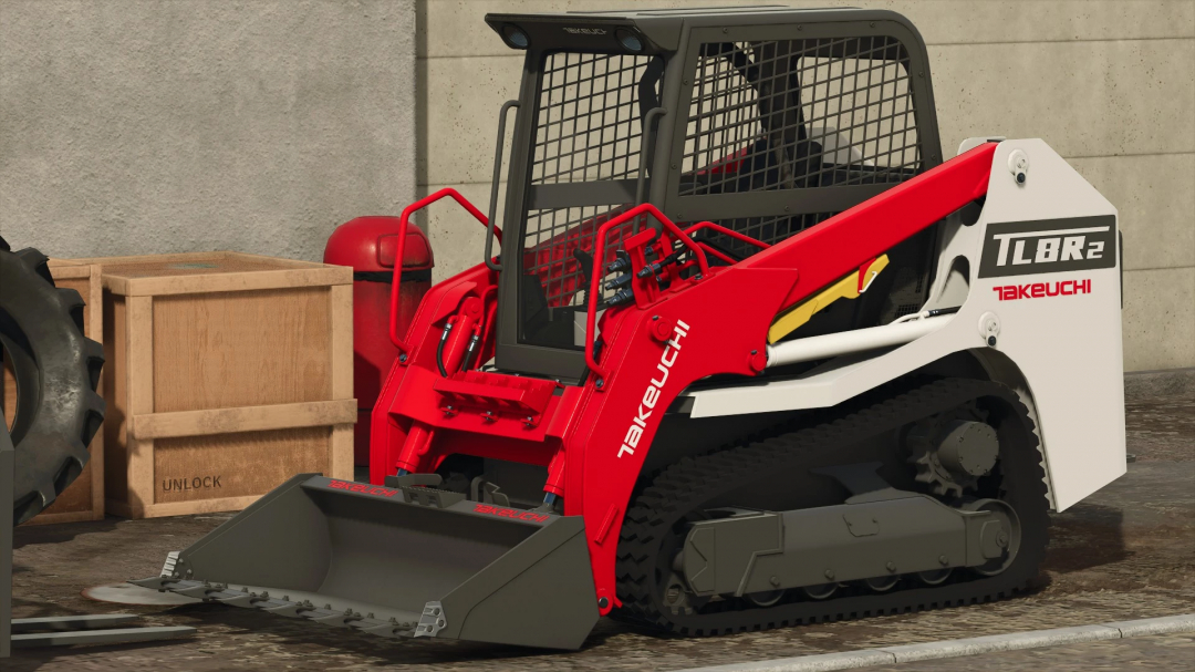 Takeuchi TL8R2 skid steer loader mod in Farming Simulator 25, showcased in vibrant red and white.