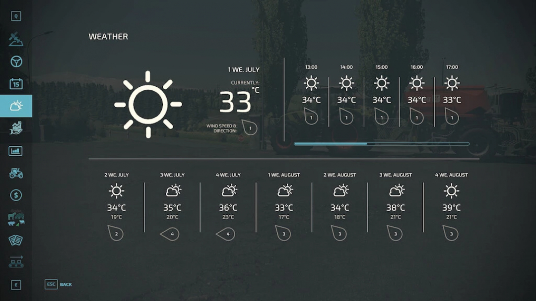 FS22 mod TerraLifePlus v1.2.0.0 weather forecast showing temperatures and wind speed.