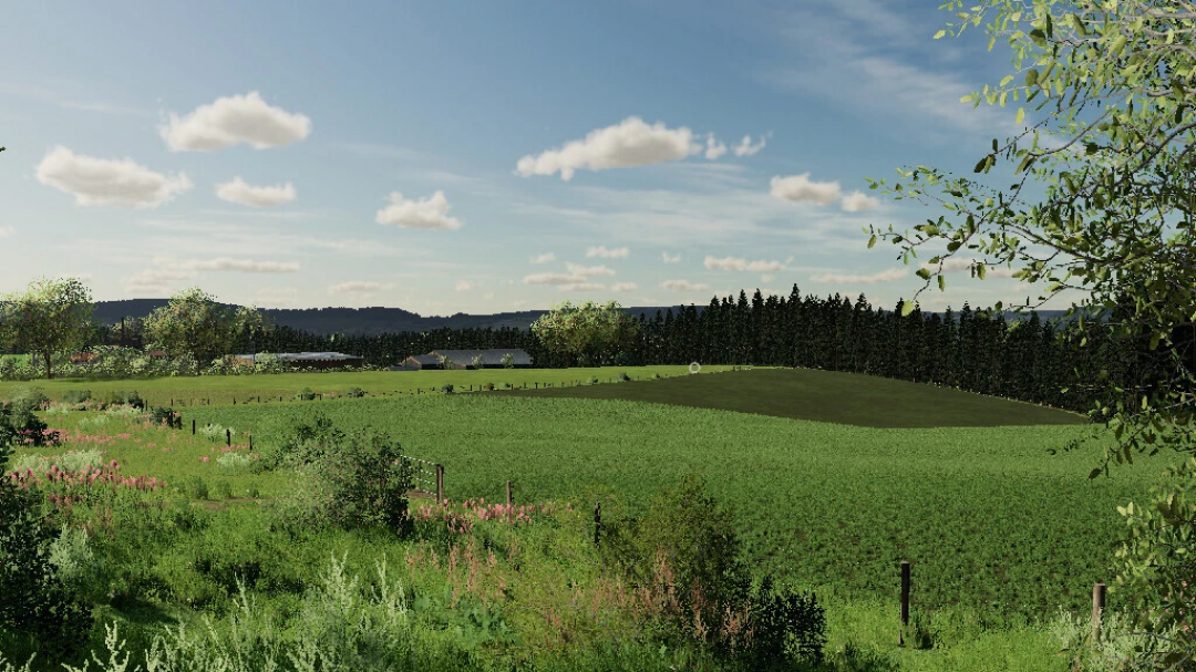 Lush green fields and distant trees in FS22 mod The Eifel TerraLifePlus, showcasing a scenic countryside landscape.