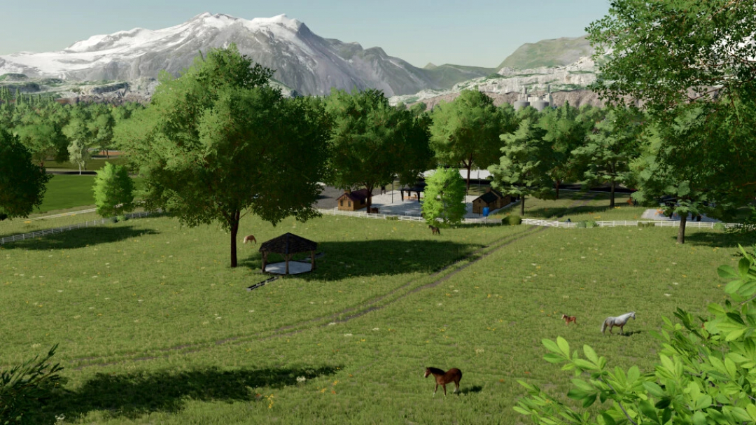 Scenic view of The Ranch, Colorado v2.0.0.0 mod in FS22 with lush fields, horses, and mountains.