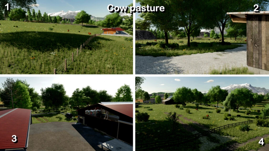 FS22 mods The Ranch, Colorado v2.0.0.0: cow pasture with barn, trees, and mountains in Farming Simulator 22.