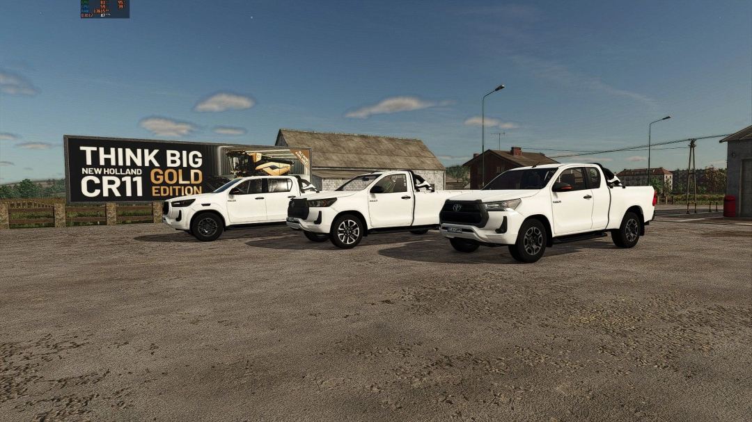 Toyota Hilux 2016-2021 mod for FS25 displayed in a farm setting with three white trucks parked.