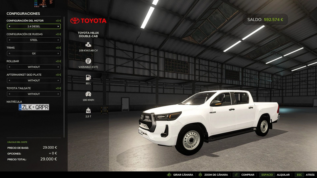 FS25 mod Toyota Hilux 2016-2021 v1.0.0.0 in a garage setting, showcasing vehicle configurations.