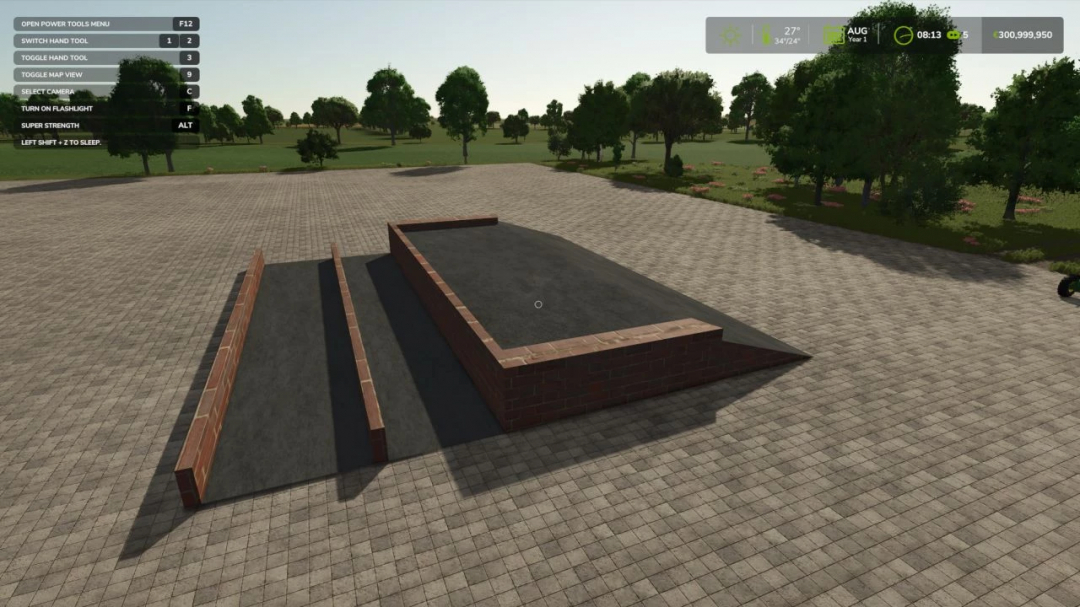 FS25 mod Trees storage 4m wide v1.0.0.0 showing brick storage sections on a paved area.