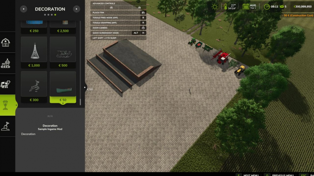 FS25 Trees storage mod v1.0.0.0 preview with vehicles near a large concrete structure in Farming Simulator 25.