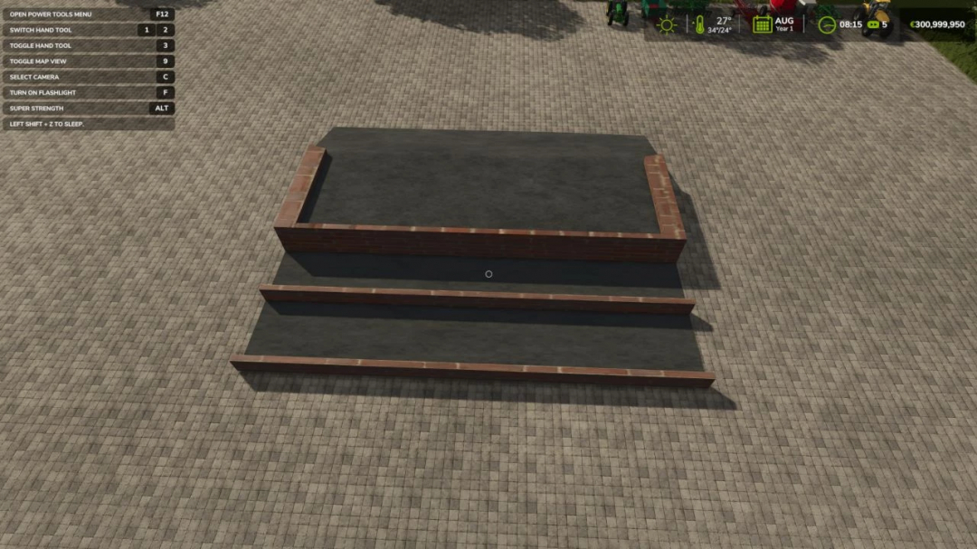 FS25 mod: Trees storage 4m wide v1.0.0.0, showing brick platforms for storing trees, set on a paved surface.