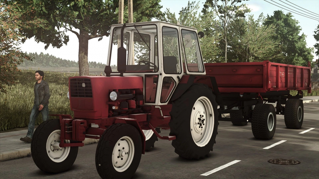 FS25 mod UMZ 6KL v1.0.0.0 features a red tractor with trailer on a rural road.