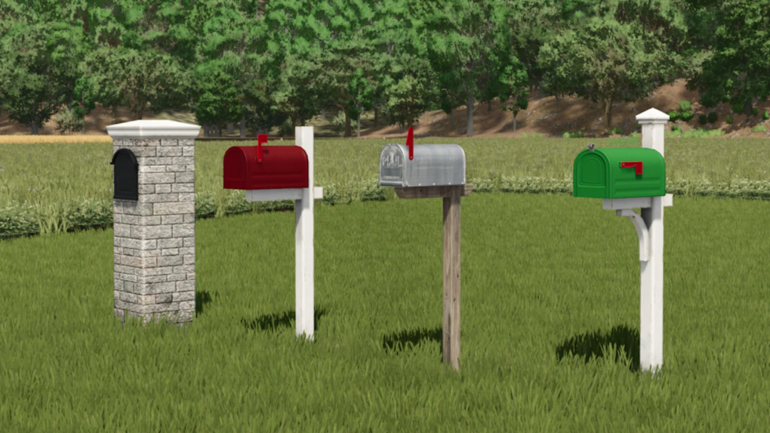 FS25 mods US Mailboxes v1.0.0.0 include four different mailbox designs placed on a grassy field.