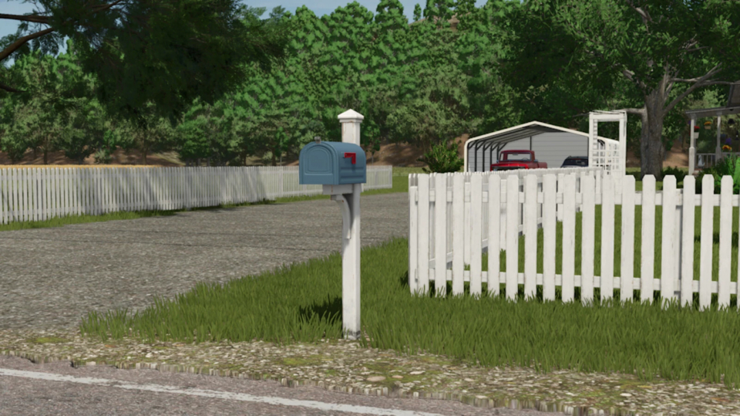 US mailbox mod in FS25 game, featuring a blue mailbox near a white fence in a rural setting.